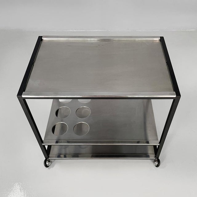 Italian Modern Cart with Bottle Holder in Steel and Black Metal, 1980s For Sale - Image 4 of 18