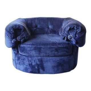 Vintage Mod Plush Royal Blue Oversized Tufted Barrel Club Chair For Sale