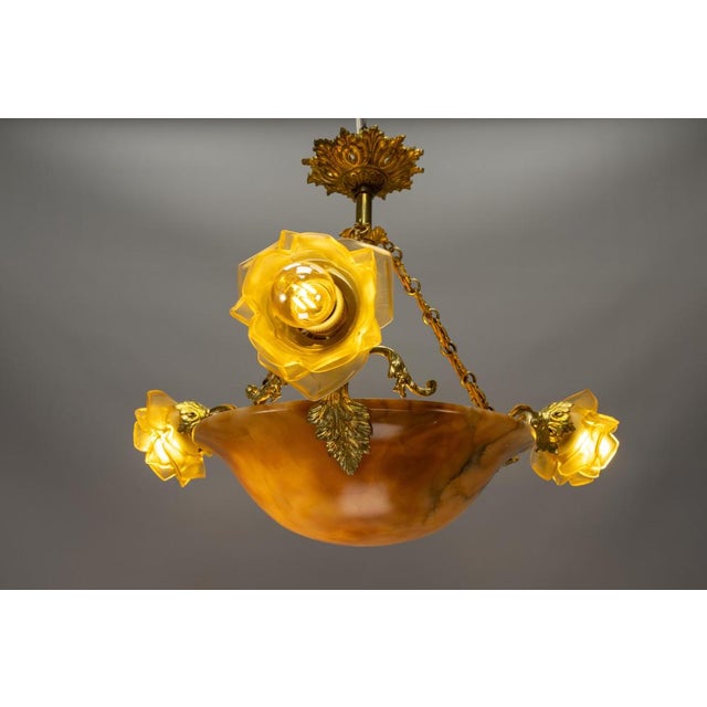 French Neoclassical Style Amber Alabaster and Frosted Glass Chandelier, 1920 For Sale - Image 18 of 18