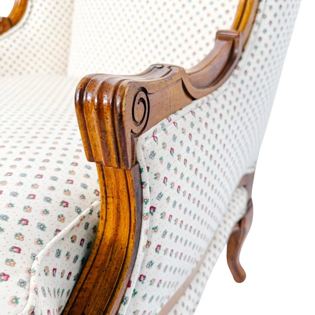 French Provincial Louis XV Bergere Armchair With Carved Wood Frame & Petite Floral Upholstery For Sale - Image 11 of 16