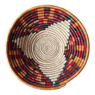 African Coiled Straw Basket, 12 In. Diameter, Natural and Multicolor For Sale