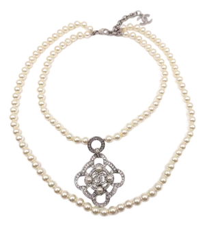 Chanel Silver Argyle Crystal Pendant 2 Strand Pearl Necklace
