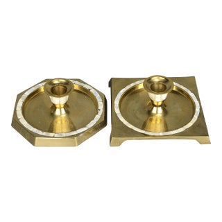 Pair of Vintage Solid Brass Mother of Pearl Candlestick Holders Geometric Shaped Drip Trays For Sale