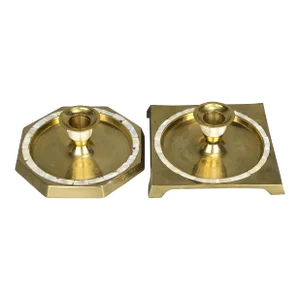 Pair of Vintage Solid Brass Mother of Pearl Candlestick Holders Geometric Shaped Drip Trays