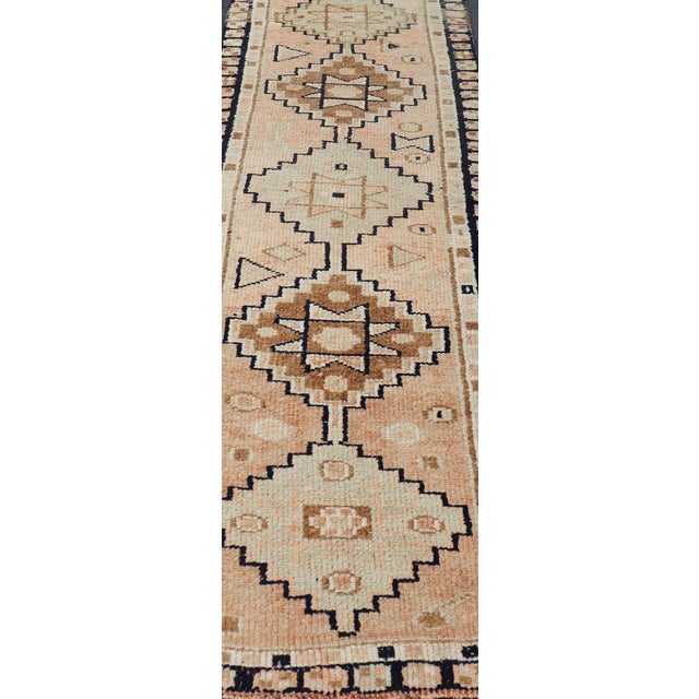 Vintage Turkish Oushak Runner With Medallion Design Outlined in Navy Blue For Sale - Image 9 of 11