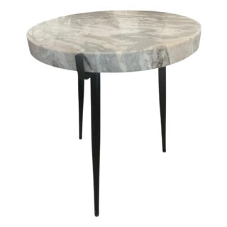 Contemporary Round White Marble Side Table With Slim Black Tapered Legs For Sale