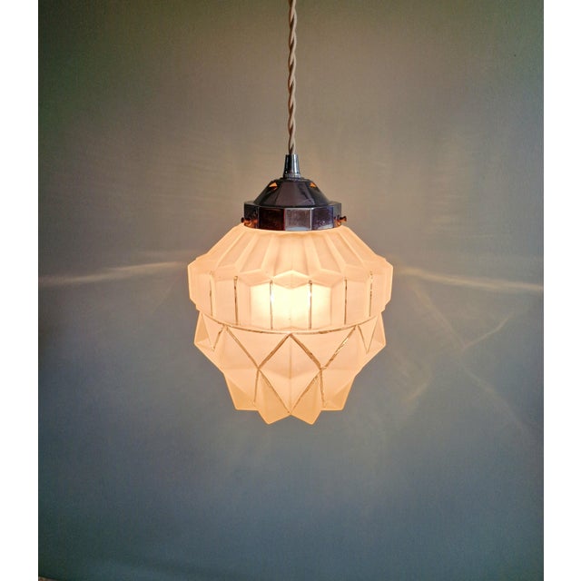 Metal Art Deco Frosted Glass Pendant Light, 1930s For Sale - Image 7 of 10