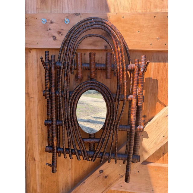 Handmade rustic Adirondack Twig Mirror with 4 Hooks. Constructed from willow branches. The perfect vintage accent piece...