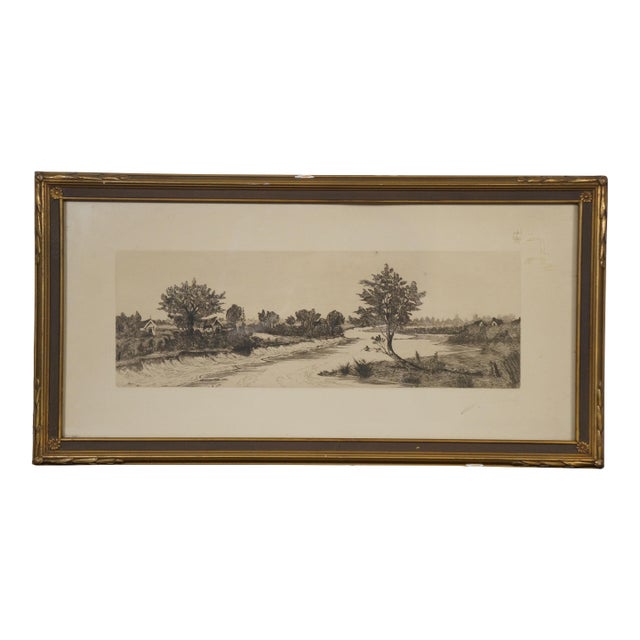 Late 19th Century Antique J Marsh Signed Country Landscape Riverscape W Cottages Etching 21", Framed For Sale