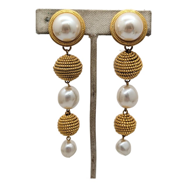 Vintage Signed Napier Goldtone Faux-Pearl Drop Clip Earrings-2 Pieces For Sale