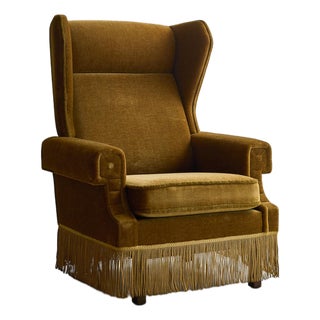 Vintage 1950s Scandinavian Mohair Wingback Lounge Chair With Fringe For Sale