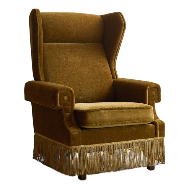 Vintage 1950s Scandinavian Mohair Wingback Lounge Chair With Fringe For Sale