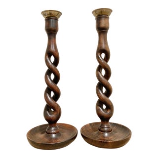 Antique English Open Barley Twist Candlesticks - a Pair For Sale