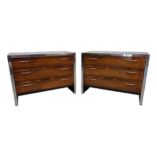Pair of Mid 20th Century Rosewood and Chrome Three Drawer Dressers For Sale