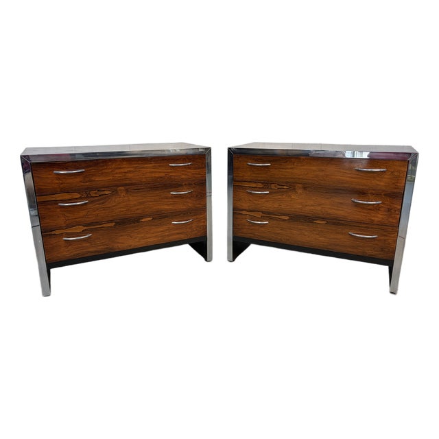 Pair of Mid 20th Century Rosewood and Chrome Three Drawer Dressers For Sale