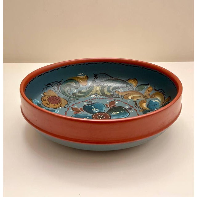 Folk Art Large Vintage Norwegian Hand-Painted Wooden Rosemaling Bowl For Sale - Image 3 of 8