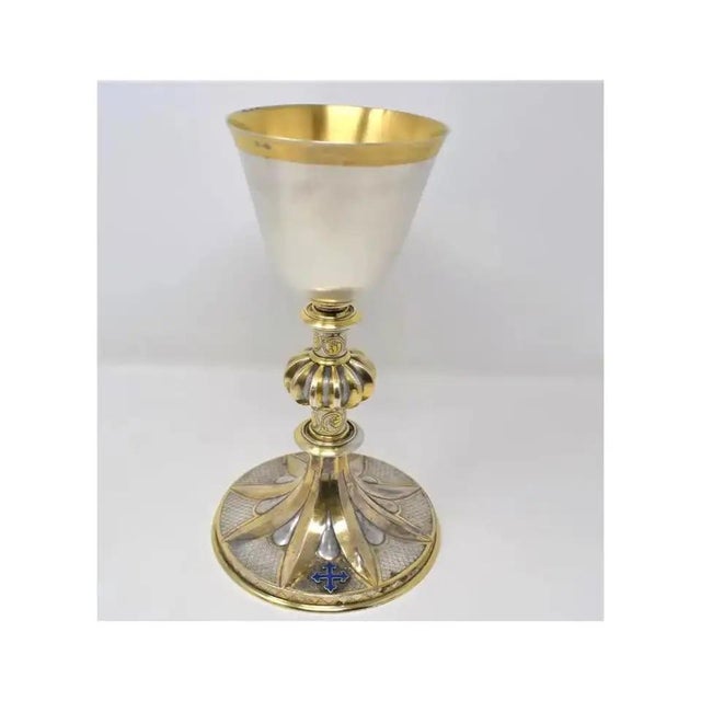 An antique 19th century French solid .950 silver, gilt silver and enamel chalice. Marked in two places with French Minerva...