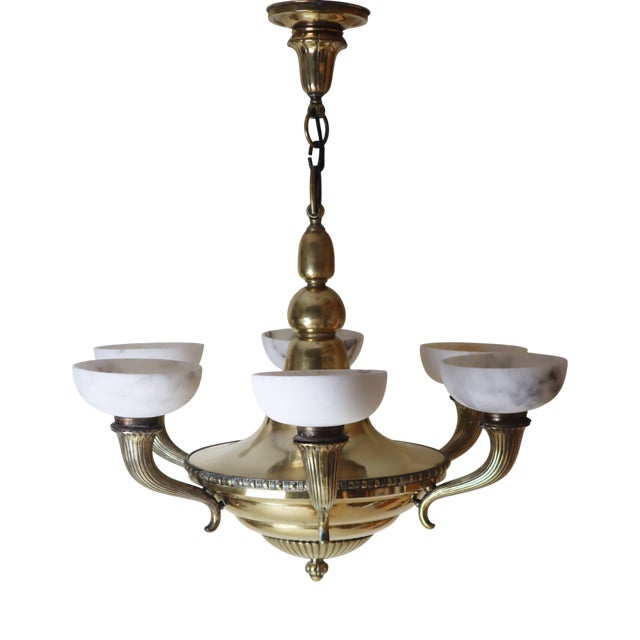 Art Nouveau Cornucopia Chandelier in Alabaster and Brass For Sale