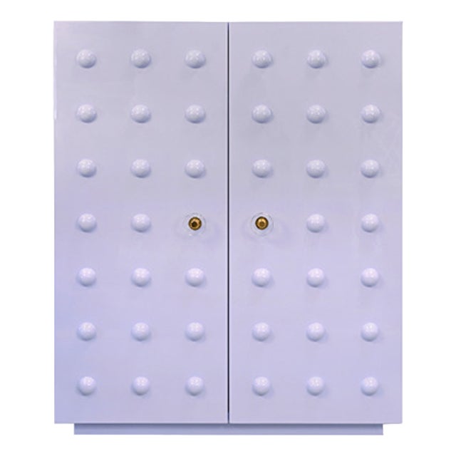 Matthew Izzo Home Beau Glossy Lavender Lacquer Two Door Cabinet With Ball Studs and Acrylic/Brass Knobs For Sale