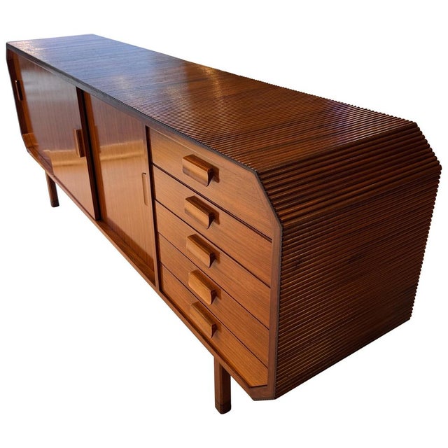 Large Vintage Italian Walnut Sideboard with Pencil Reed and Curved Waterfall Edges, 1960s For Sale - Image 12 of 12