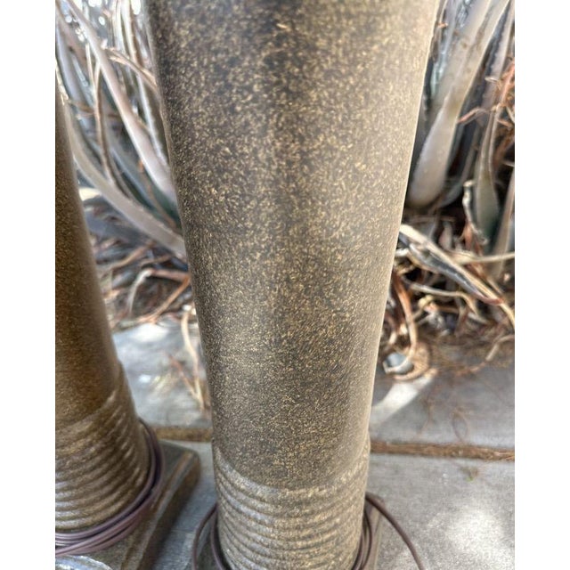 Mid-Century Modern Vintage/Retro Brass Bronze-Tone Ceramic Stoneware Cylindrical Table Lamps - a Pair For Sale - Image 3 of 8