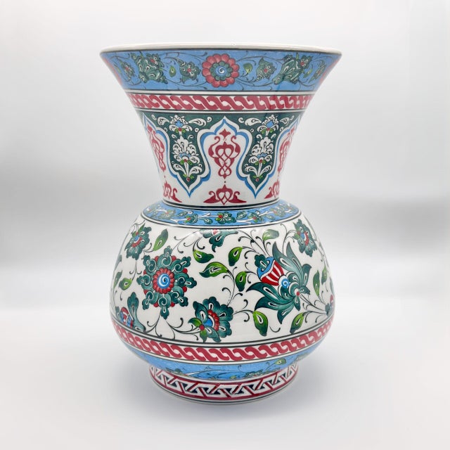 White Handmade Ceramic “Kandil” Vase (30cm) – Classic Ottoman Form – Polychrome Red & Green Floral Art For Sale - Image 8 of 9
