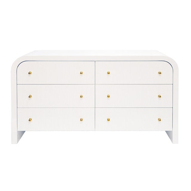 Matthew Izzo Home Valentina Fluted Glossy White Lacquer Waterfall Edge Six Drawer Chest With Polished Brass Knobs For Sale In New York - Image 6 of 6