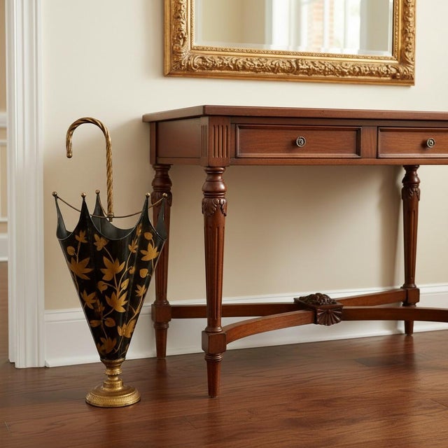 Vintage Italian Toleware Umbrella Stand-Black-Gold-Floral-Metal-Holder-Cane For Sale - Image 6 of 10