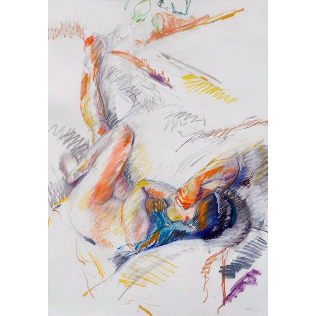 Vibrant and dynamic abstracted nude figure drawing, depicted with expressive line and color by Stewart Goldman (American,...
