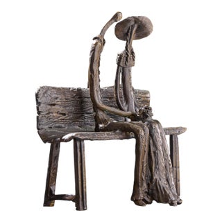 Ruth Bloch Signed Couple on Bench Bronze Israeli Sculpture For Sale