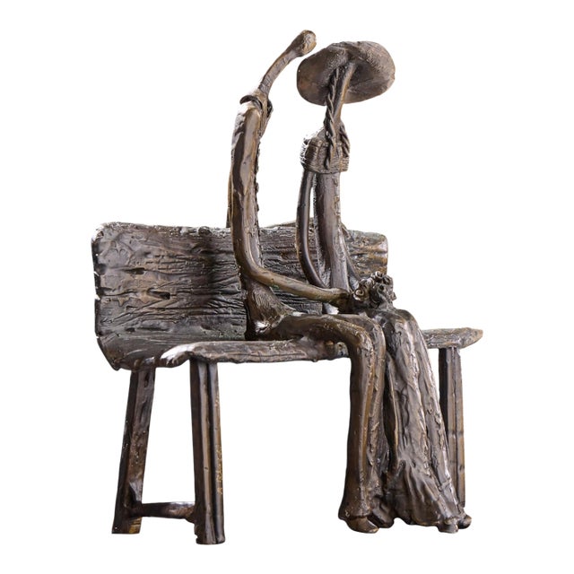 Ruth Bloch Signed Couple on Bench Bronze Israeli Sculpture For Sale