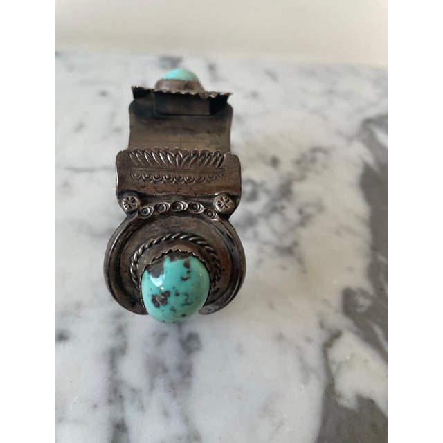 Vintage Native American Sterling Silver and Turquoise Watch Band Cuff Bracelet For Sale - Image 4 of 6