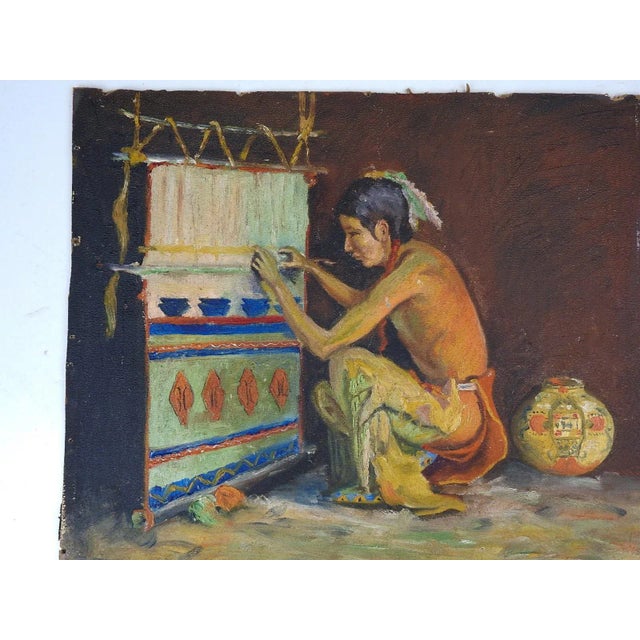 Rustic Vintage Painting Native American Weaver For Sale - Image 3 of 5
