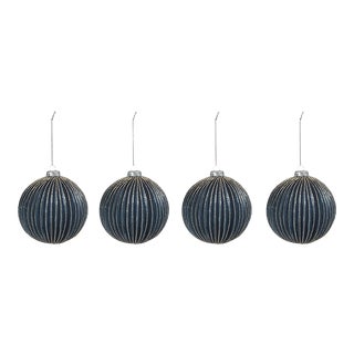 Ridged Blue Glass Ball Ornament with Glitter, Set of 4, 4.75" For Sale