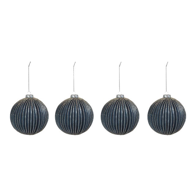 Ridged Blue Glass Ball Ornament with Glitter, Set of 4, 4.75" For Sale