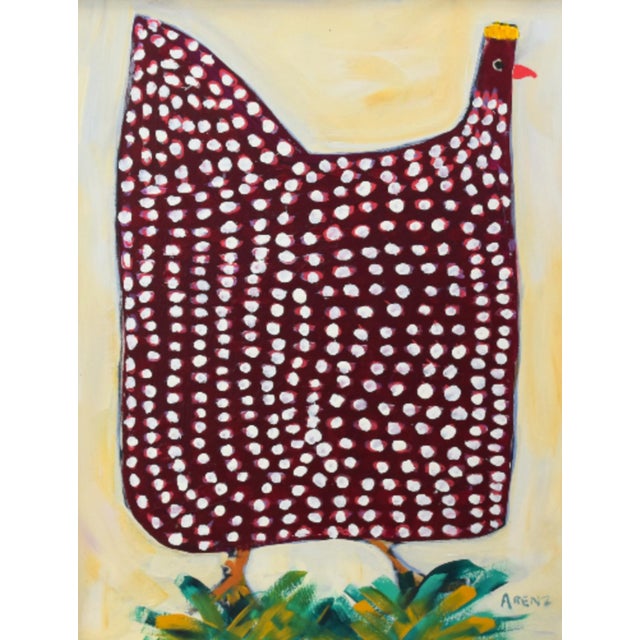 Farmhouse Original Red Folk Art Chicken Hen Painting by Ruth Arenz Including the Antiqued Gold Wood Fame For Sale - Image 3 of 5