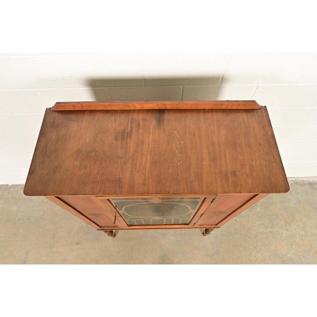 Berkey & Gay Style Antique English Jacobean Carved Walnut and Burl Wood Bookcase or Bar Cabinet, Circa 1920s For Sale - Image 10 of 13