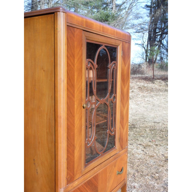 1930's Antique Walnut & Glass Art Deco Waterfall Curio China