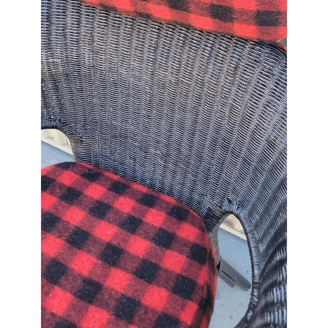 Wood Black Wicker Chair W/ Buck Plaid Seat Cushions For Sale - Image 7 of 13
