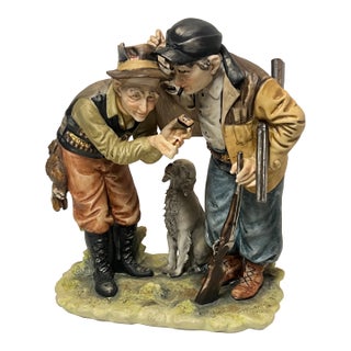 Vintage Large Capodimonte Porcelain Figurine of Rabbit Hunters With Dog For Sale