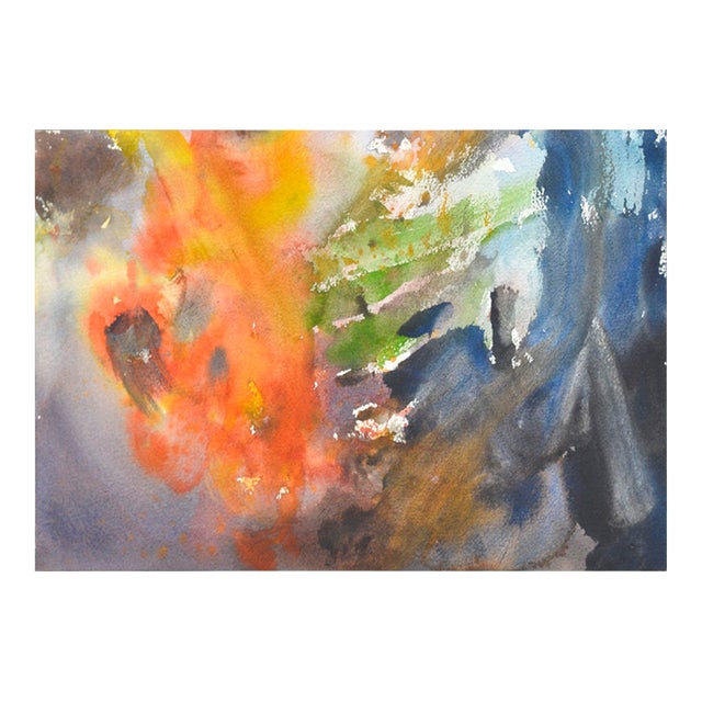 Orange & Blue Abstract Watercolor, Signed, 1980s, Unframed, 10x14.25" by Les Anderson For Sale