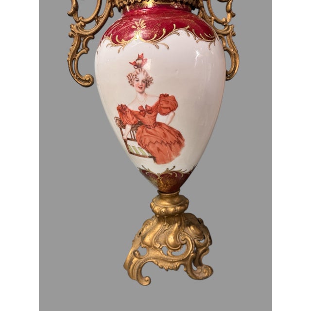 Antique Victorian Porcelain Portrait & Cast Metal Figural Decorated 18" Handled Urn For Sale - Image 4 of 10