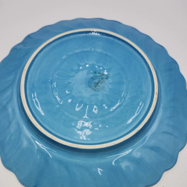 Bordallo Pinheiro Vintage Portugal Majolica Bordallo Pinheiro Basketweave Blue Plate For Sale - Image 4 of 4