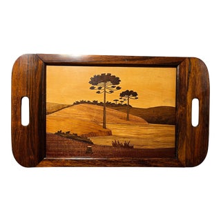 Mid-Century Pastoral Scene Hand Made Wood Serving Tray Marquetry Inlay For Sale