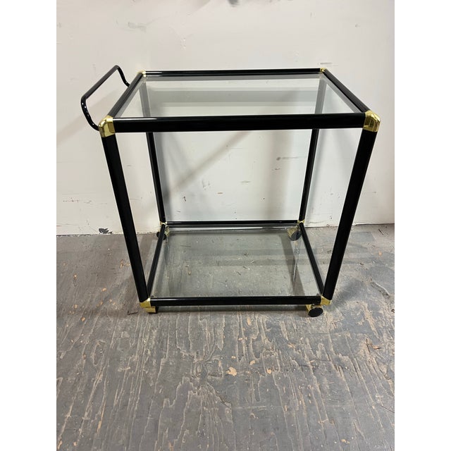 Art Deco Hollywood Regency Black & Gold-Tone Glass Bar Cart or Tea Cart For Sale - Image 3 of 12