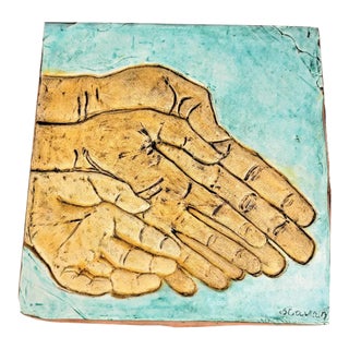 Vintage Modern Sculptural Ceramic Tile Art - Hands of the Generations Signed "S.Cavan" For Sale