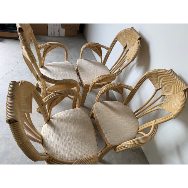 Wood Vintage Boho Chic Coastal Rattan & Leather-Wrapped Dining Chairs – Set of 4 For Sale - Image 7 of 12