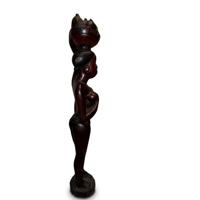 African Vintage Mid-Century Hand-Carved African Mahogany Female Figure With Harvest Basket For Sale - Image 3 of 5