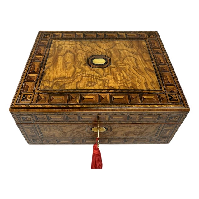 Antique Vintage English Burl Walnut Wooden Marquetry Victorian Jewelry Box 19Ct For Sale