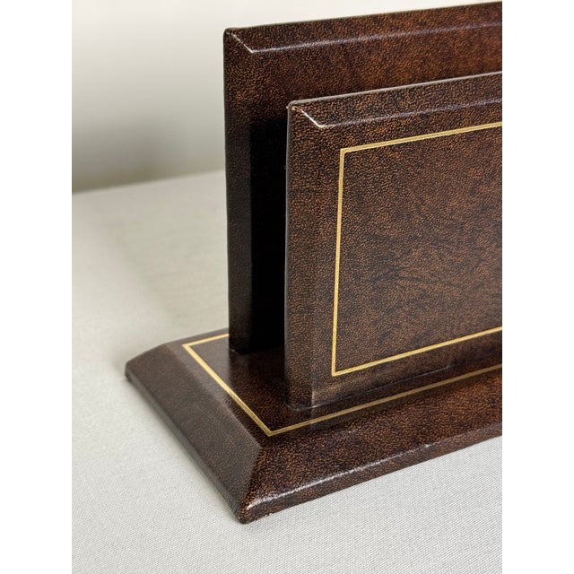 Late 20th Century Vintage Traditional Genuine Brown Leather Gold Tooling Letter Holder Desk Set For Sale - Image 5 of 10